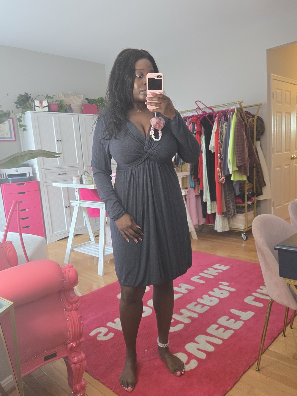 Long Sleeve Twist-Front Dark Gray Dress